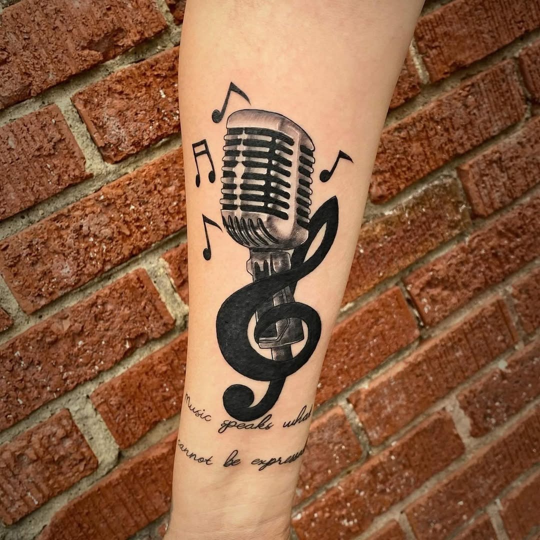 This tattoo features a classic microphone entwined with musical notes, symbolizing the power of music.