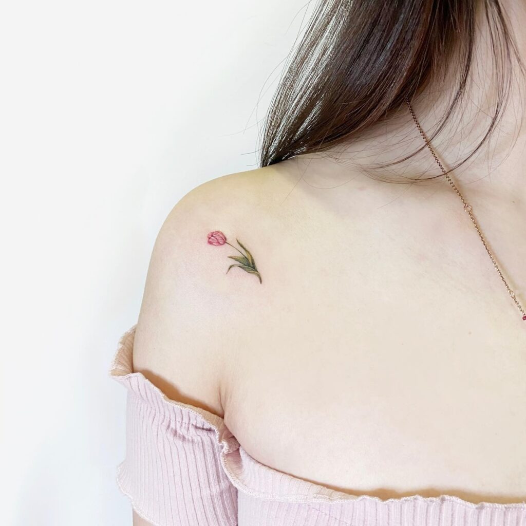 Delicate Pink Tulip Shoulder Tattoo Tattoo Design