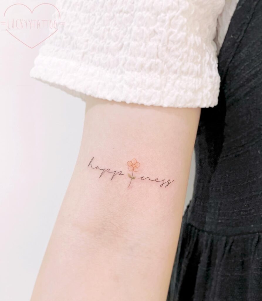 Happiness Script and Flower Tattoo Tattoo Design