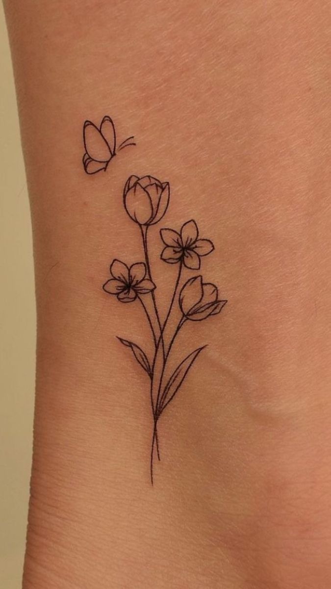 Fine Line Wildflower and Butterfly Tattoo Tattoo Design