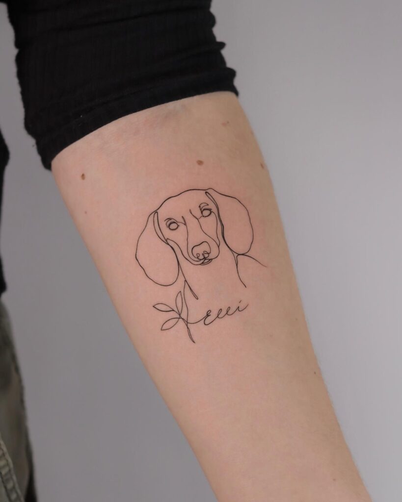 One Line Dog Portrait Tattoo with Name Tattoo Design