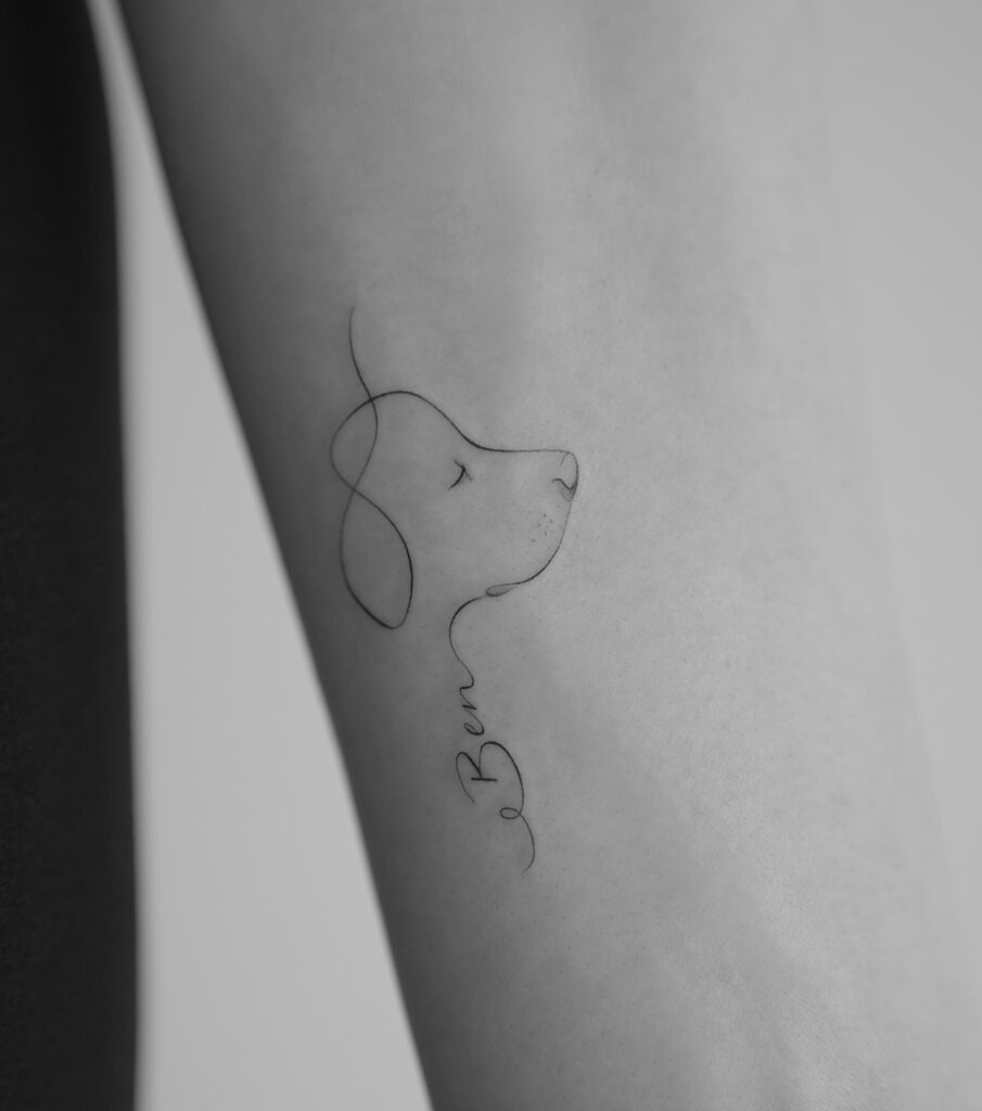 One Line Dog Portrait Tattoo with Name Tattoo Design