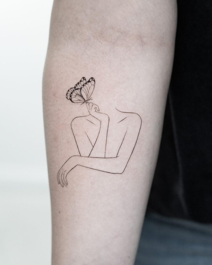 One Line Figure with Butterfly Tattoo Tattoo Design