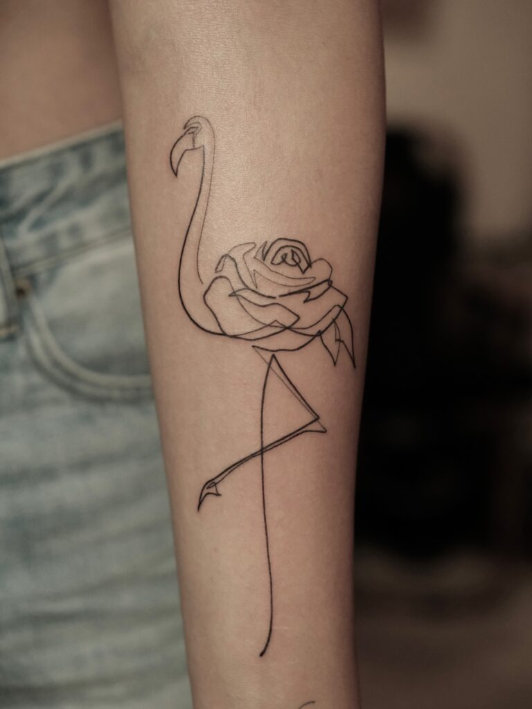 One Line Flamingo and Rose Tattoo Tattoo Design
