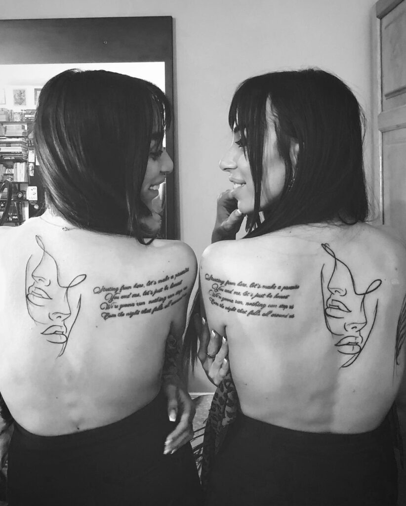 One Line Matching Sister Face Tattoos with Quote Tattoo Design