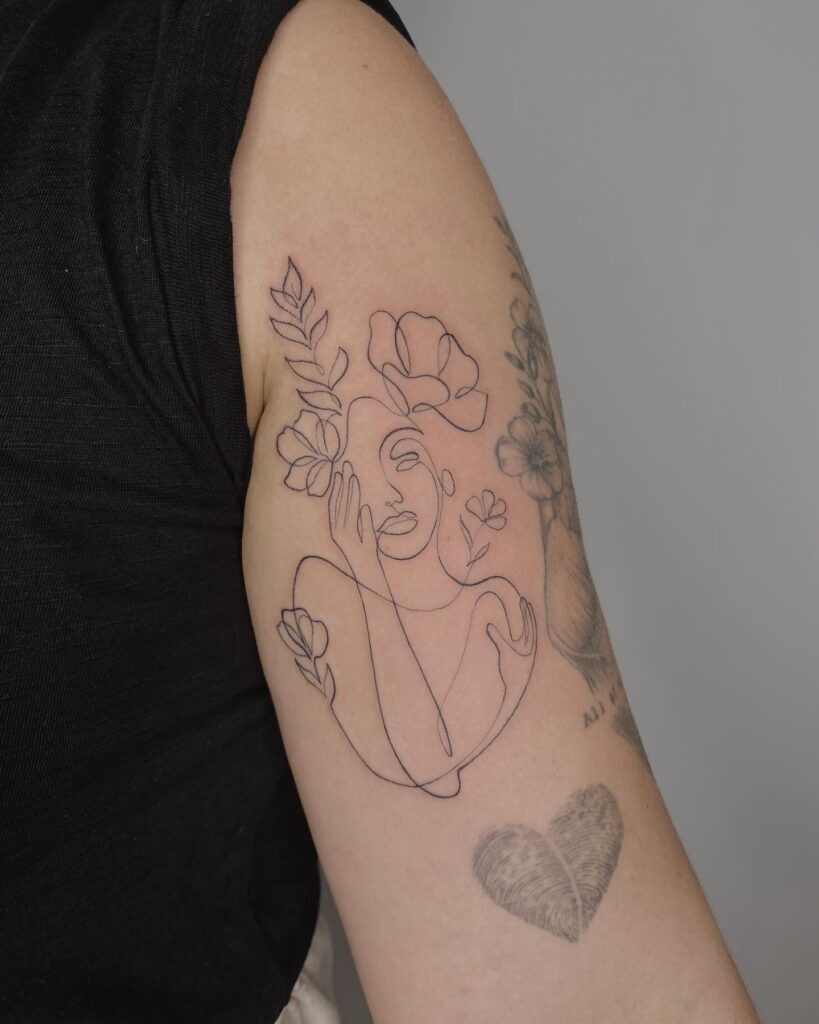 One Line Woman with Flowers Tattoo Tattoo Design