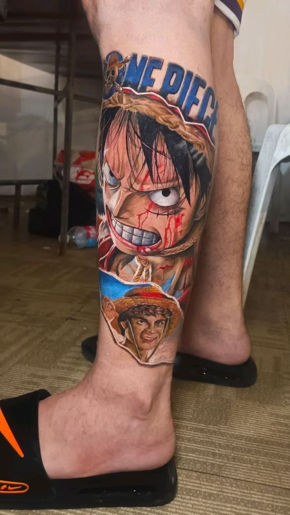 Luffy Determined and Bleeding with Realism Tattoo Design