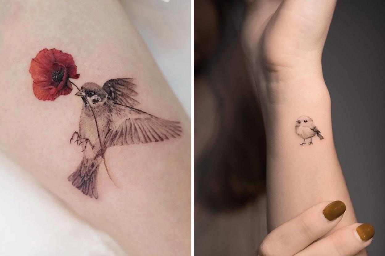 31+ Small Sparrow Tattoo Ideas & Inspiration Featured Lookbook Collage