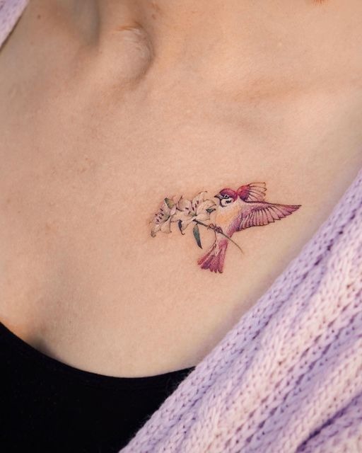 Realistic Sparrow and Daisy Tattoo Design