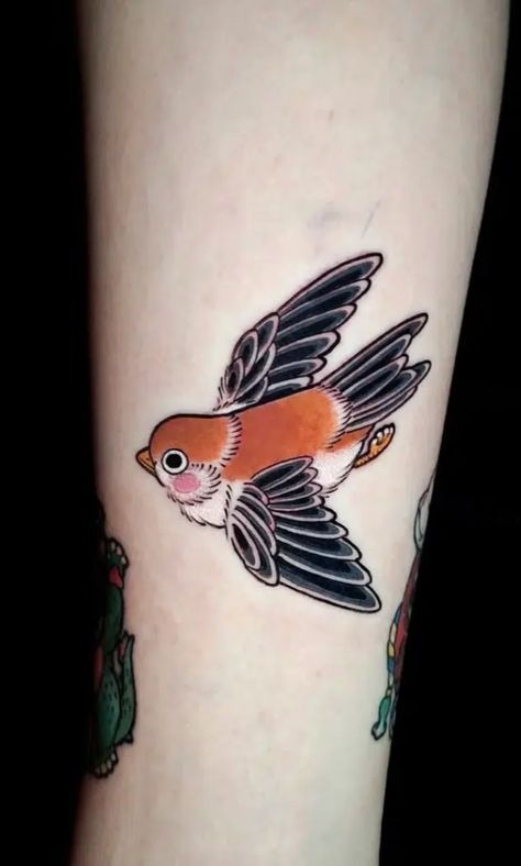 Sparrow with Red Poppy Tattoo Design