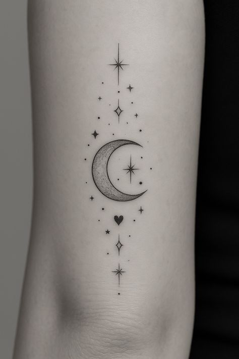 Crescent moon with stars tattoo on an arm
