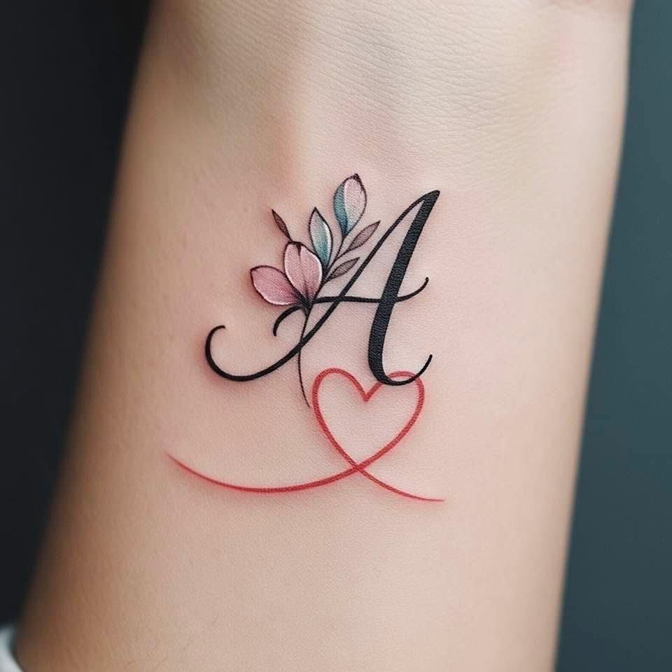 Script initial letter A tattoo with floral detail