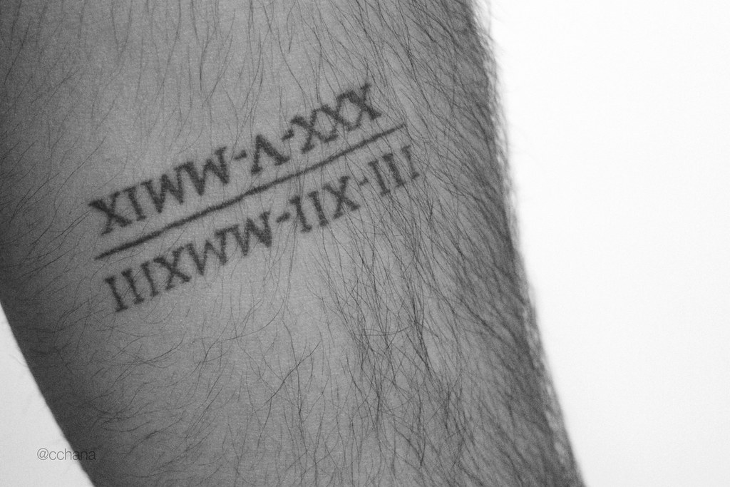 Roman numerals date tattoo on a forearm