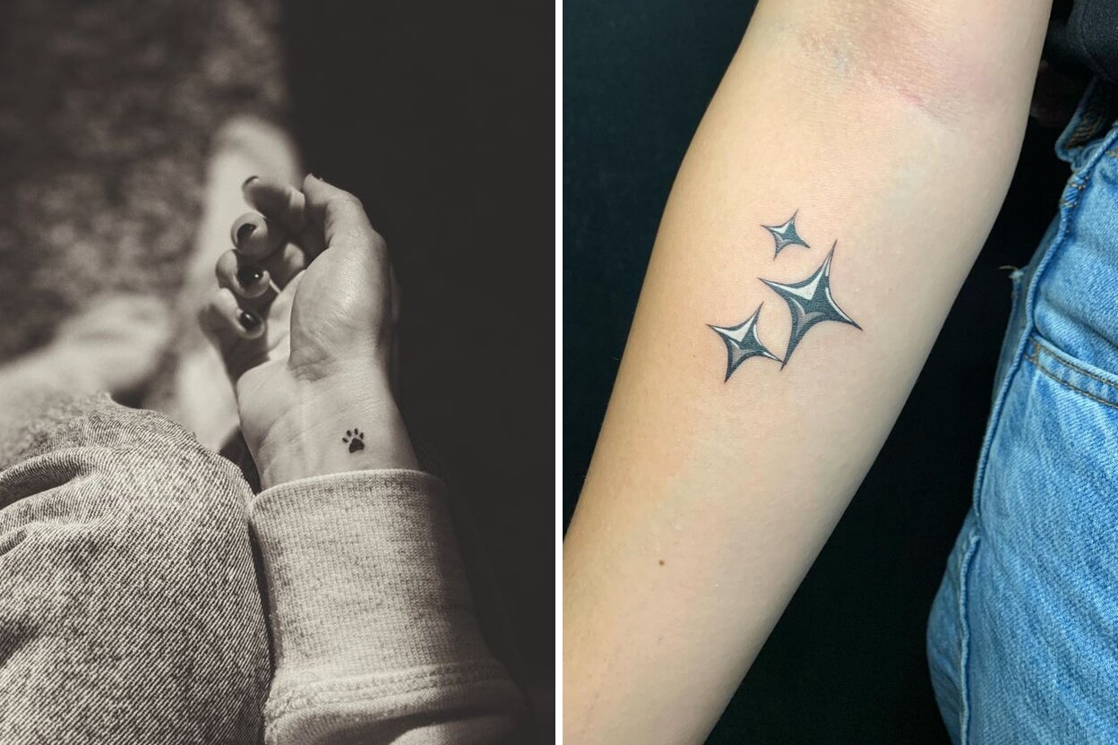 Small tattoo ideas for first timers: several tiny tattoos on a forearm beside a minimalist duck tattoo on the back of an arm