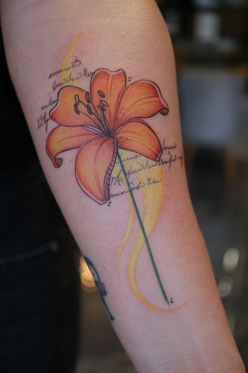 Artistic Orange Tiger Lily Forearm Tattoo with Script Tattoo Design