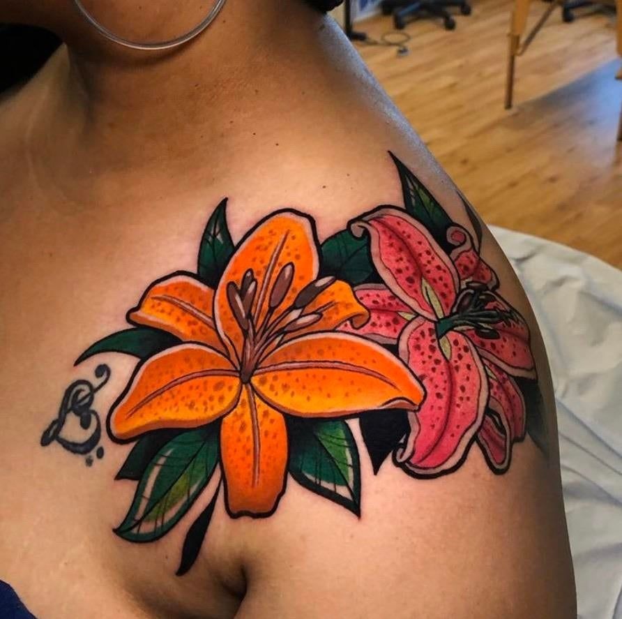 Bold Orange and Pink American Traditional Tiger Lily Tattoo Design