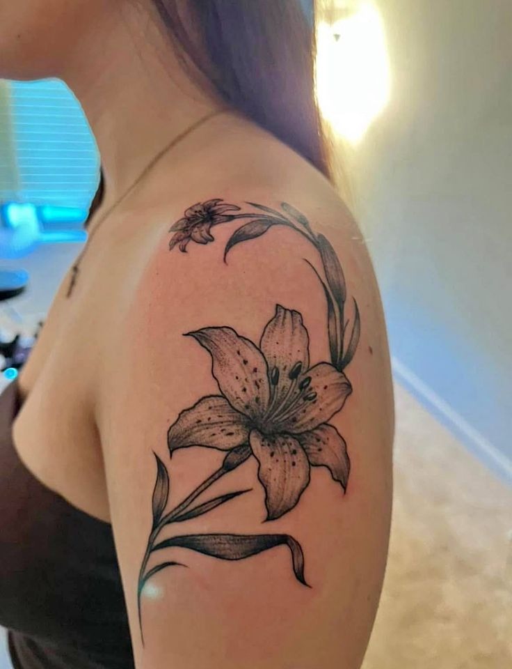 Minimal Fine Line Tiger Lily Shoulder Tattoo Tattoo Design