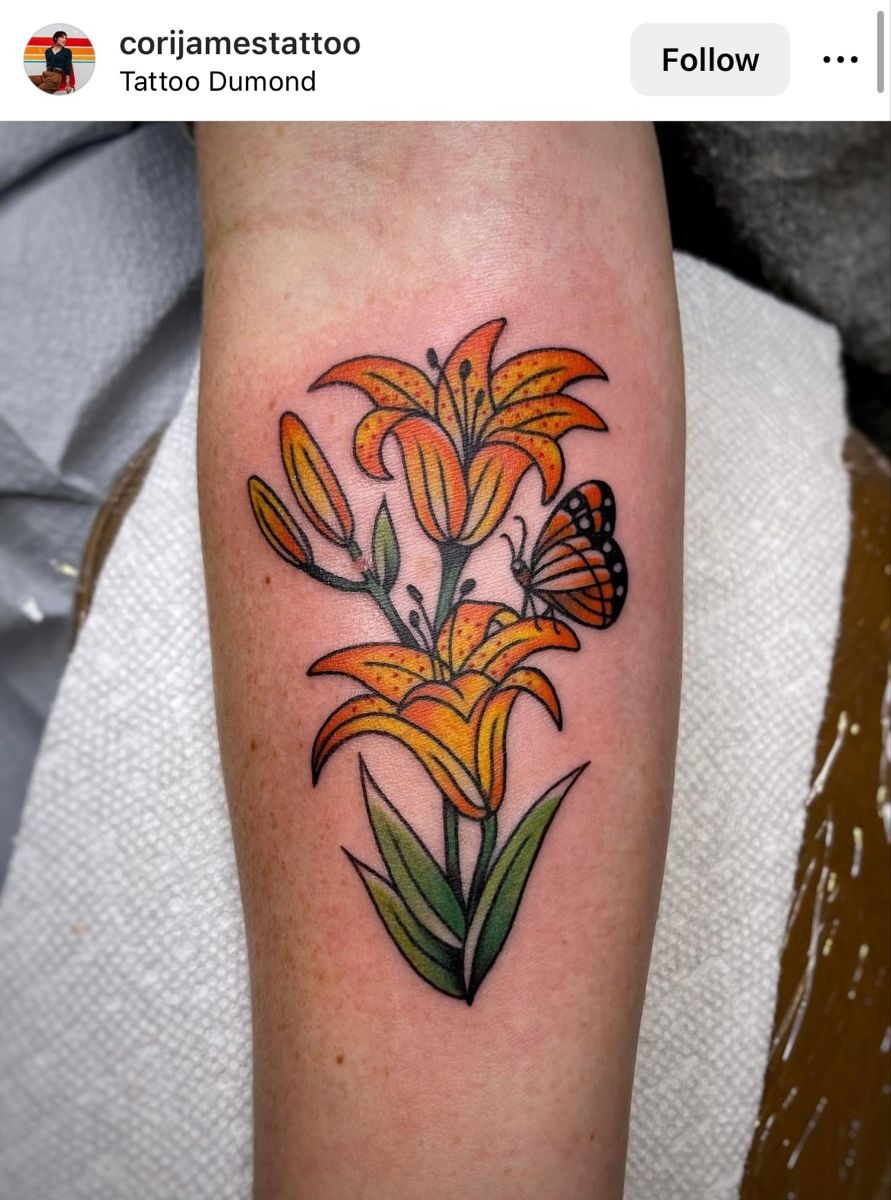 Orange Tiger Lily and Butterfly Forearm Tattoo Tattoo Design