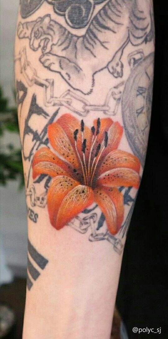 Orange Tiger Lily Arm Tattoo with Mixed Ink Style Tattoo Design
