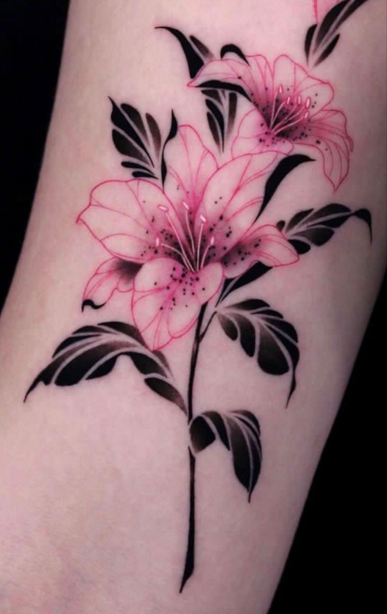 Pink Fine Line Tiger Lily with Bold Black Leaves Tattoo Design