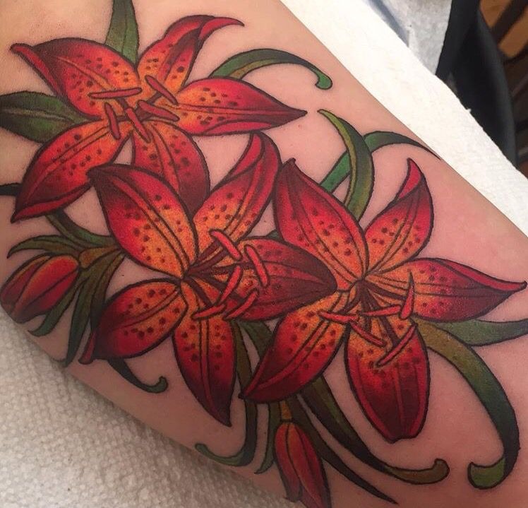 Red Traditional Tiger Lily Sleeve Tattoo Tattoo Design