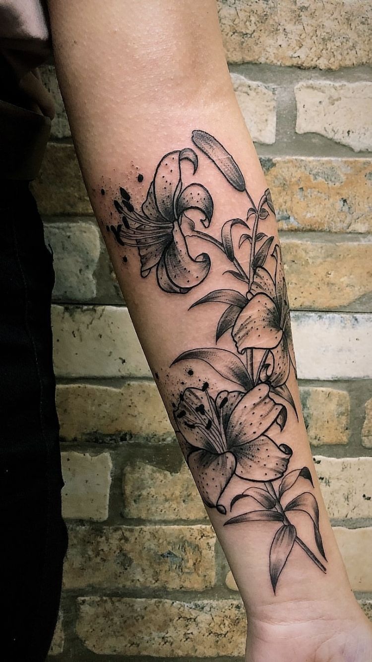 Shaded Tiger Lily Forearm Sleeve Tattoo Design