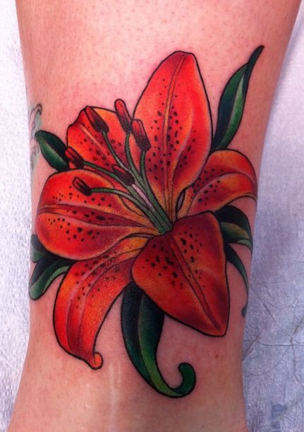 Vibrant Red Tiger Lily Leg Tattoo Tattoo Design