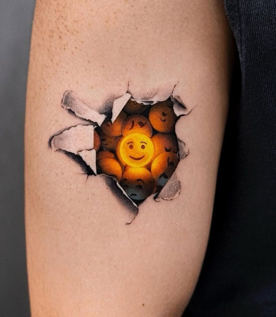 Bright Smiley Faces Behind A Torn Wall Tattoo Design