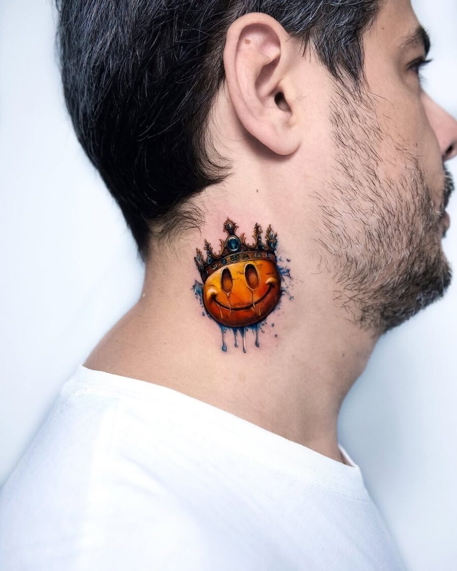 Colorful smiley neck tattoo with a crown Tattoo Design