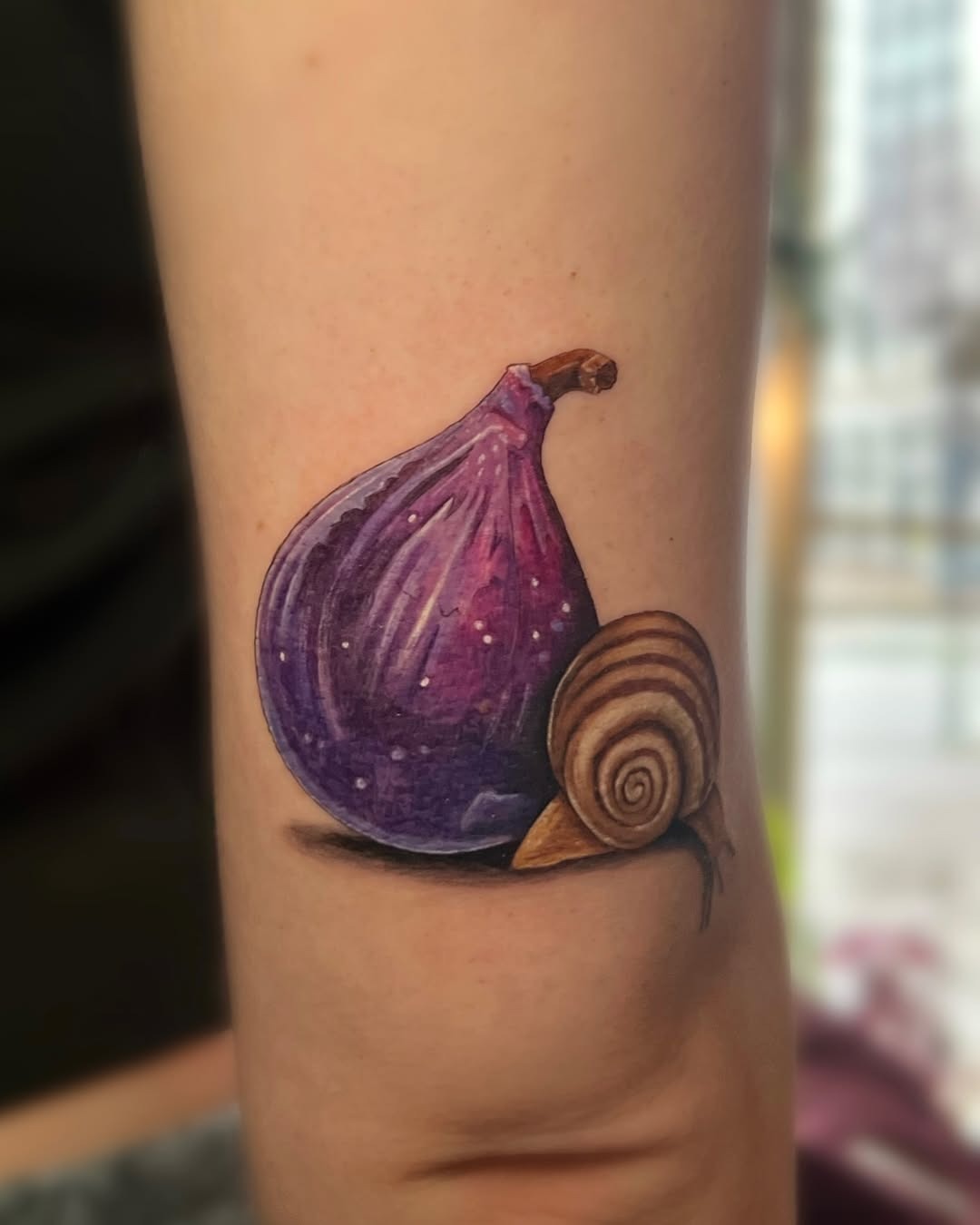 Charming snail beside a vibrant fig tattoo Tattoo Design