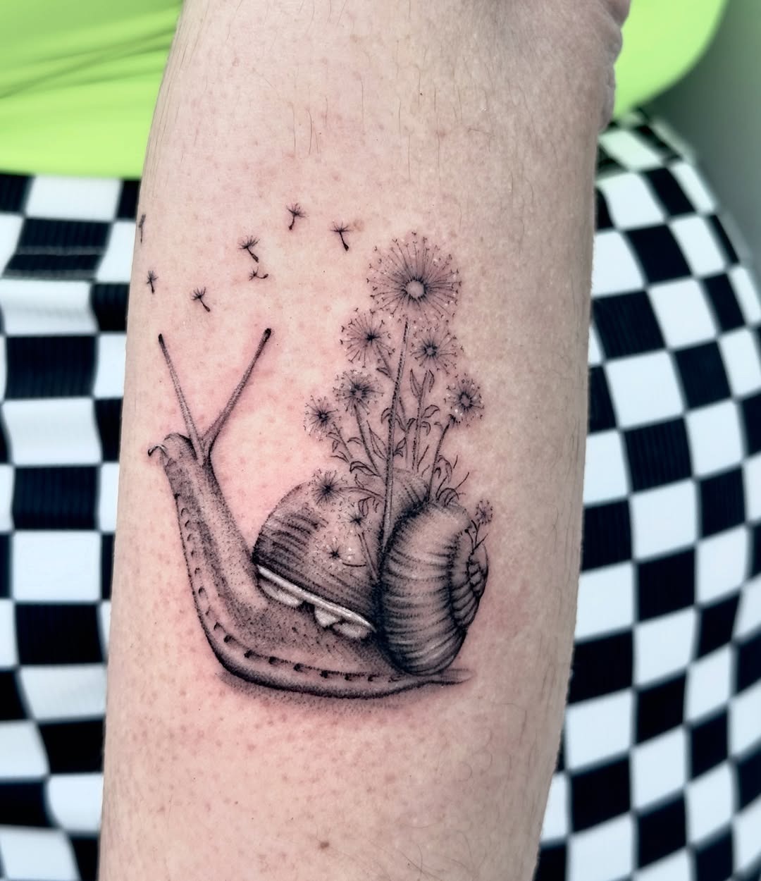 Charming snail tattoo with dandelions design Tattoo Design