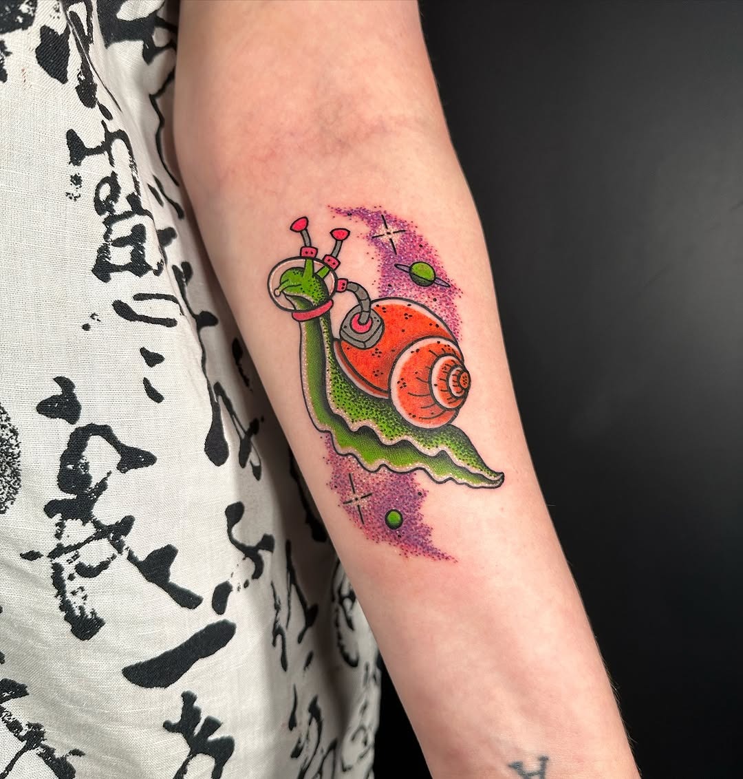 Playful snail tattoo brimming with color Tattoo Design