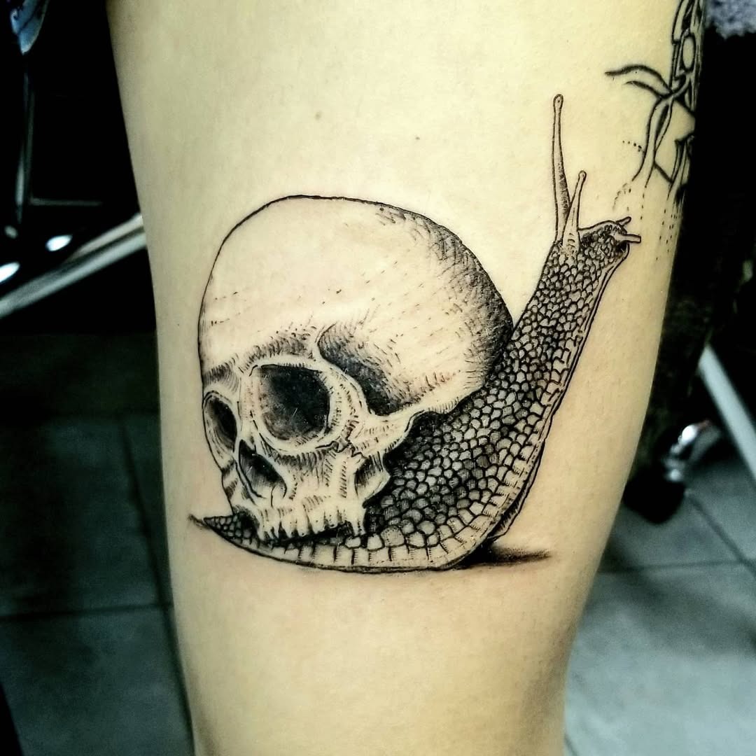 Realistic skull snail tattoo on skin Tattoo Design