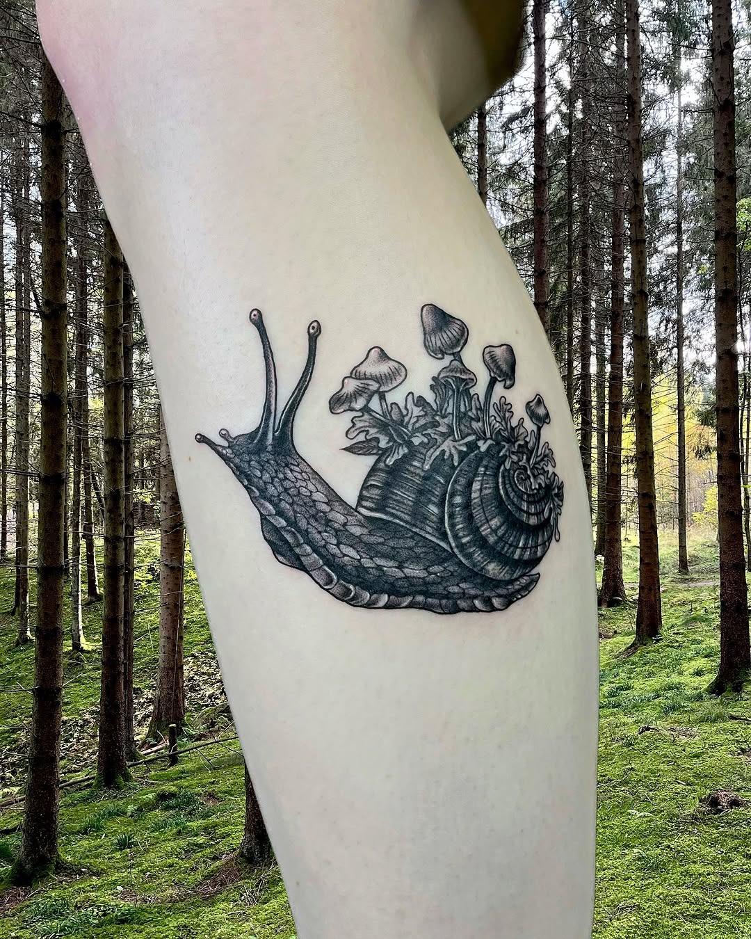 Whimsical snail tattoo enveloped by nature's beauty Tattoo Design