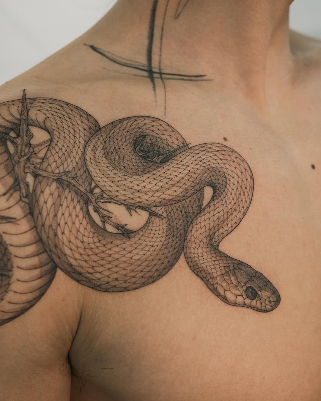 Intricate Snake Tattoo on Shoulder with Depth Tattoo Design