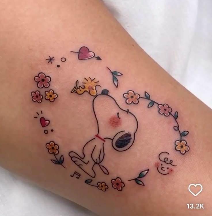 Floral Wreath Snoopy And Woodstock Kiss Tattoo Tattoo Design