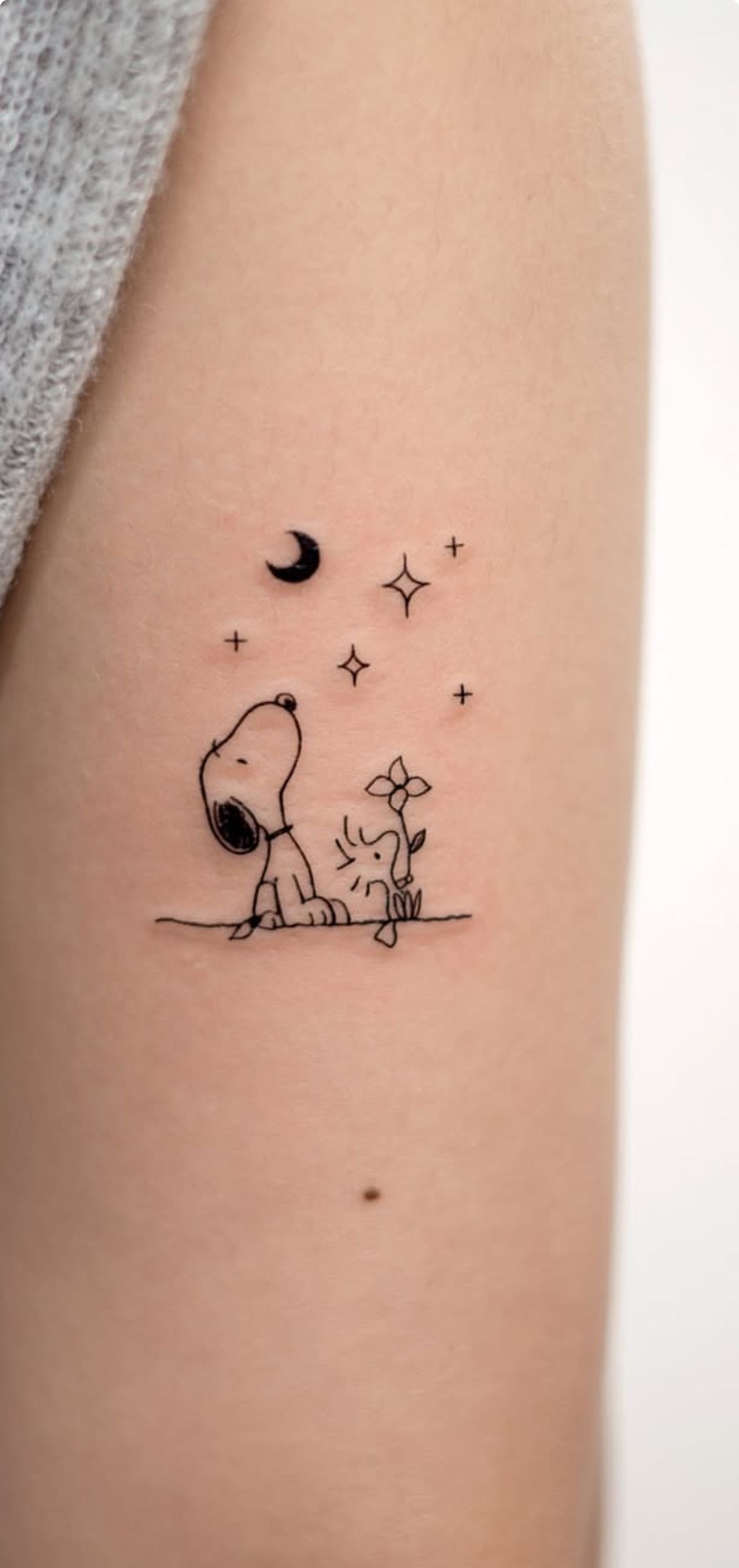 Night Sky Snoopy And Woodstock Line Tattoo Tattoo Design