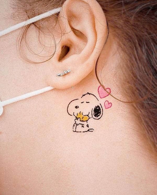 Tiny Behind-The-Ear Snoopy Hug Tattoo Tattoo Design