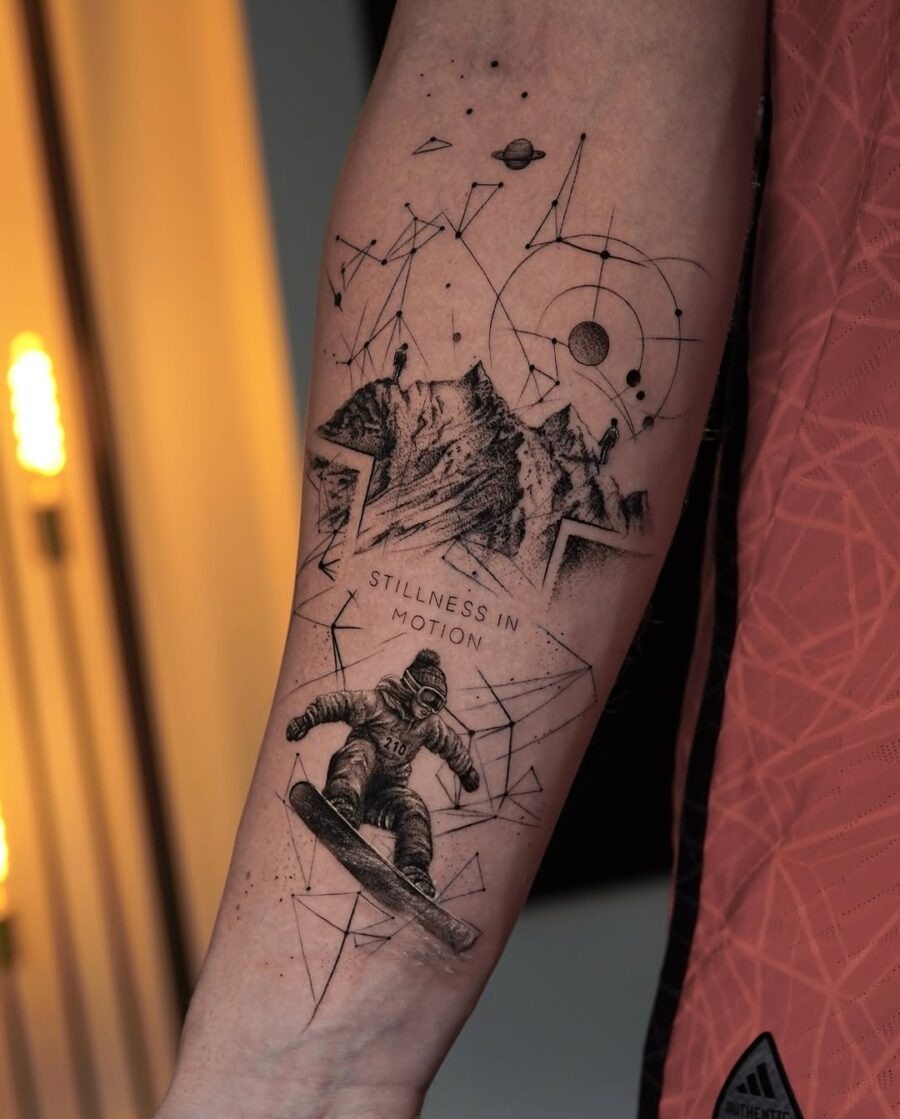 Artful blend of snowboarding and cosmic themes Tattoo Design
