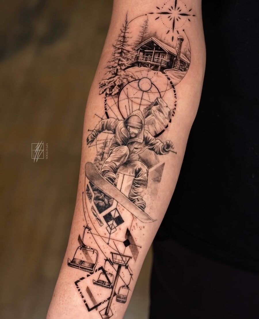 Detailed snowboard tattoo with nature elements Tattoo Design