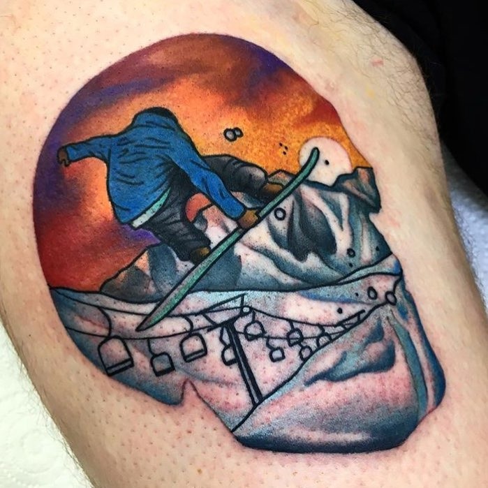 Dynamic snowboard tattoo with vibrant sunset colors Tattoo Design