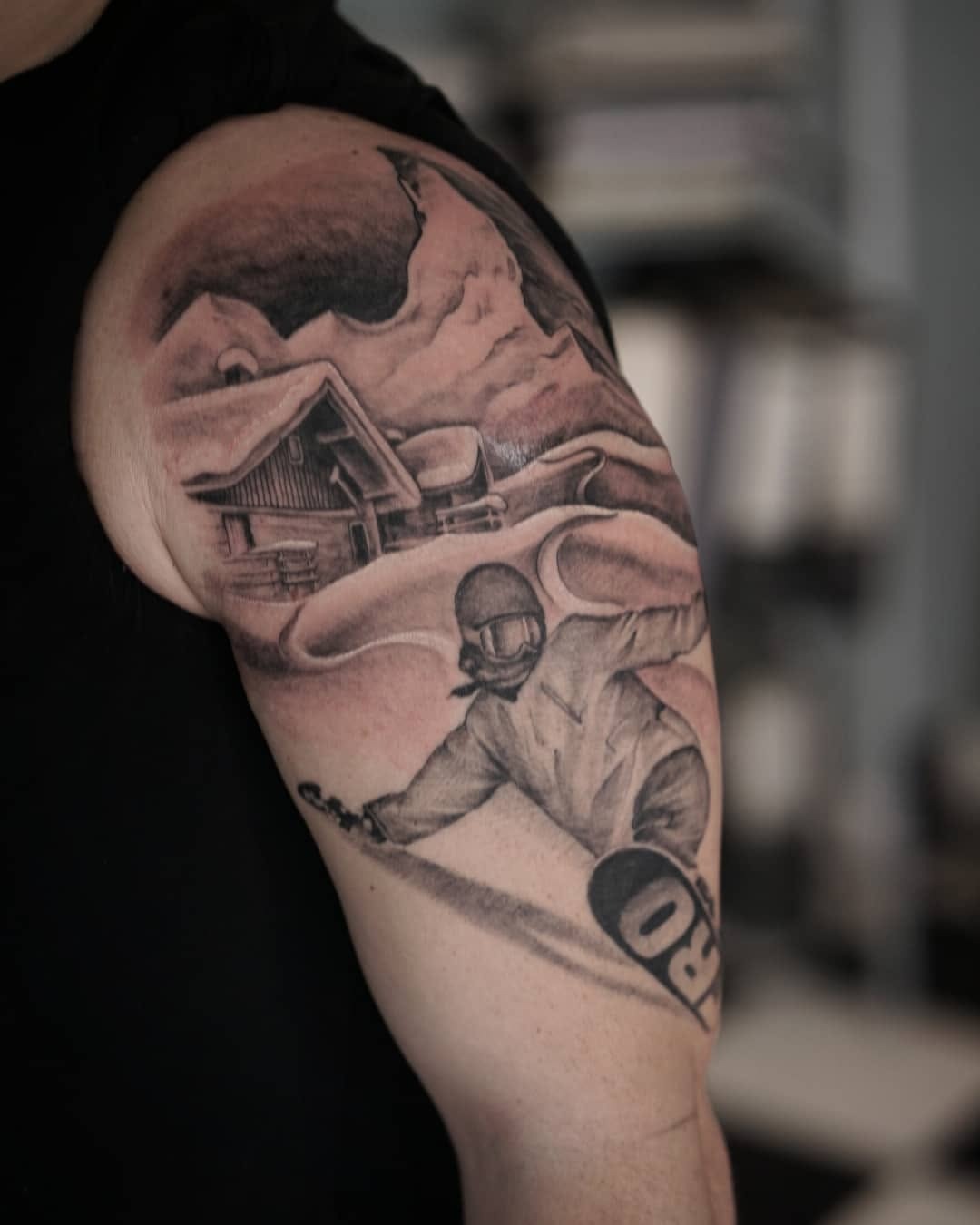 Dynamic snowboarder in a serene mountain setting Tattoo Design
