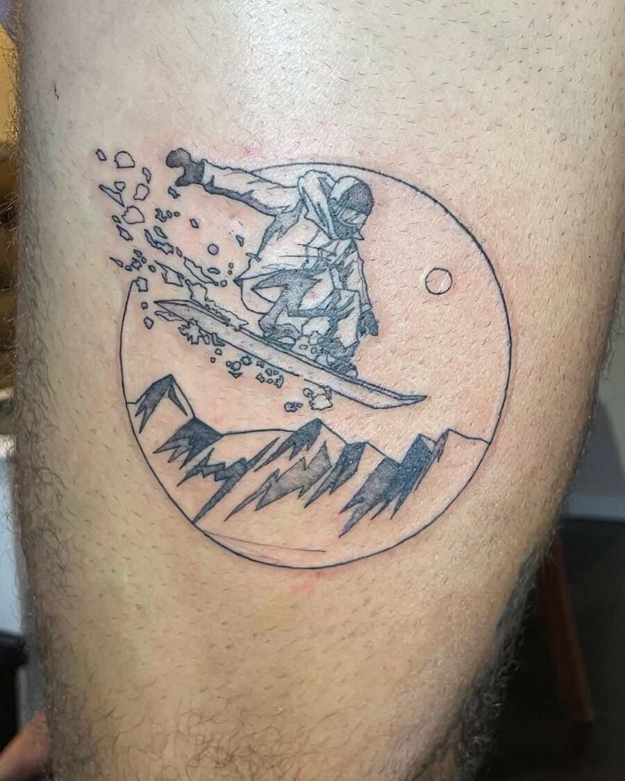 Dynamic Snowboarder Riding Through Mountains Tattoo Design