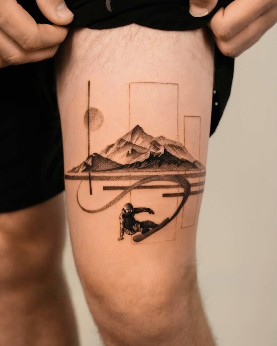 Stylish snowboard art with mountain backdrop Tattoo Design