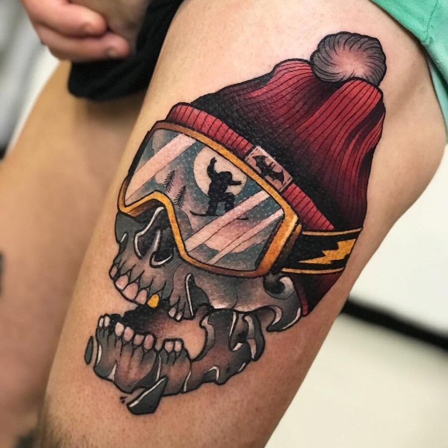 Unique skull tattoo with snowboarder vibes Tattoo Design