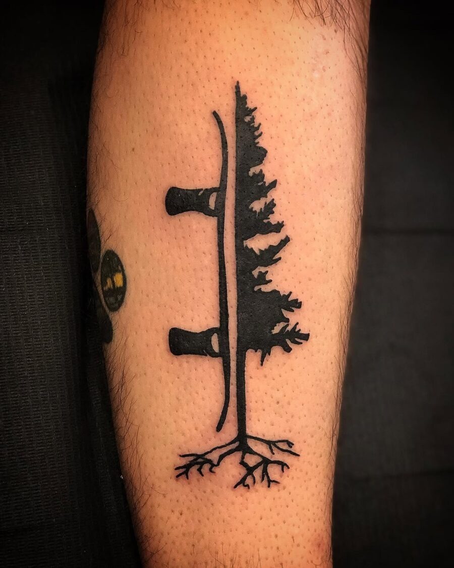 Unique snowboard tattoo combining nature and sport Tattoo Design