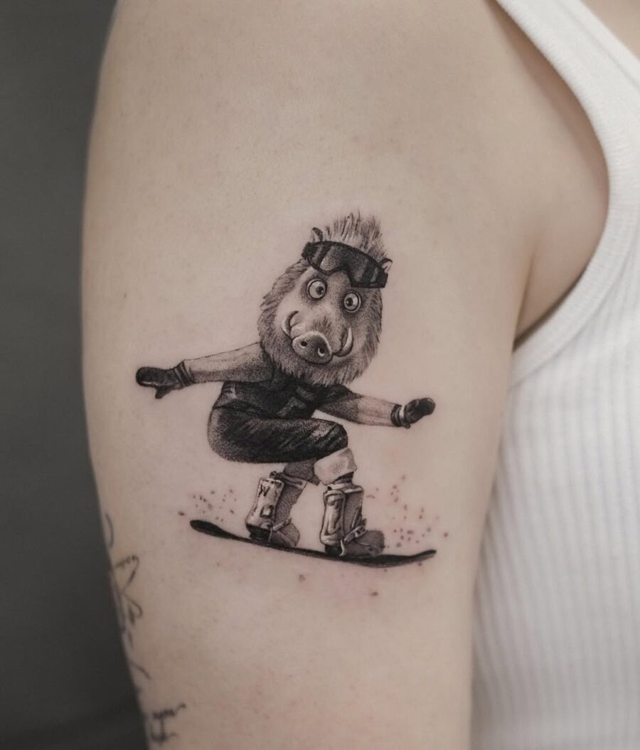 Whimsical tattoo of a cartoon snowboarder boar Tattoo Design
