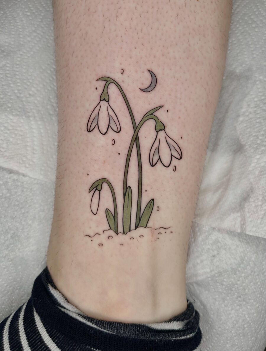 Charming snowdrop tattoo with crescent moon Tattoo Design