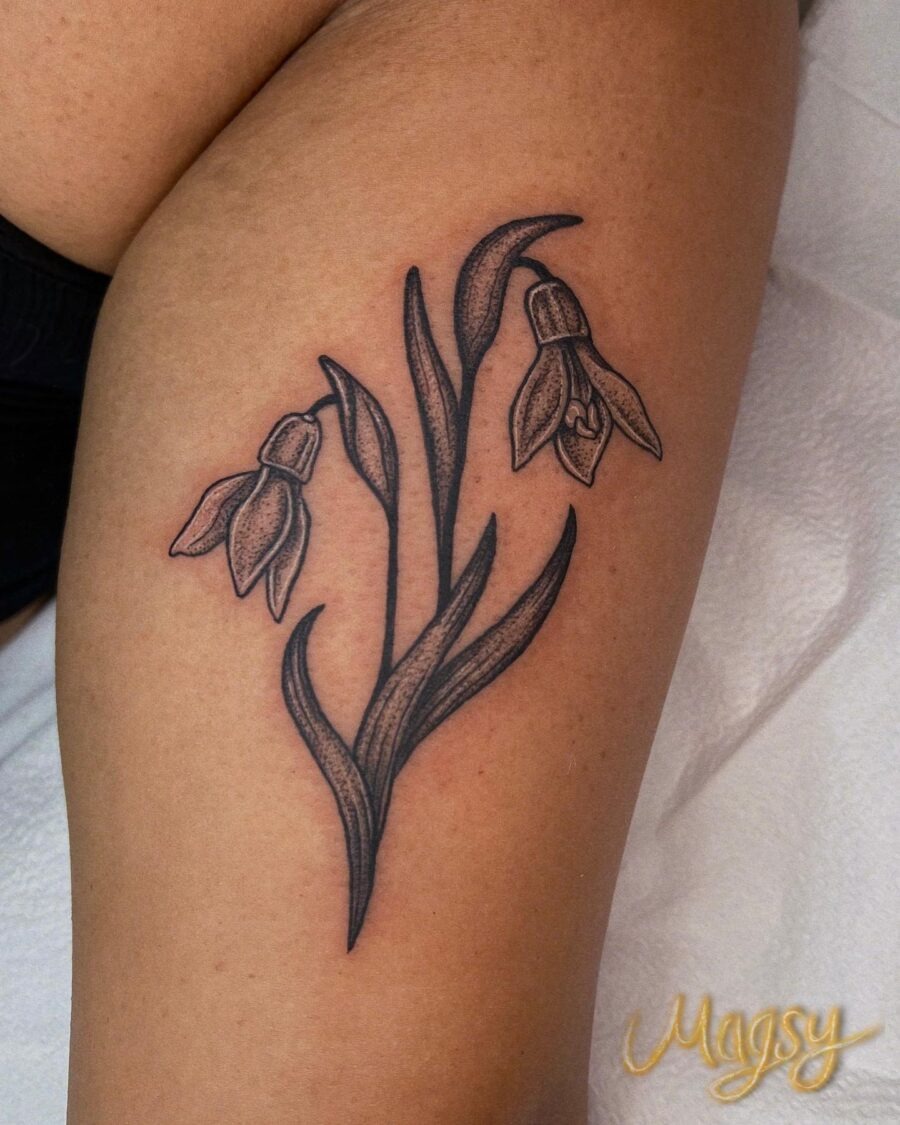 Elegant black and gray snowdrop flower tattoo. Tattoo Design