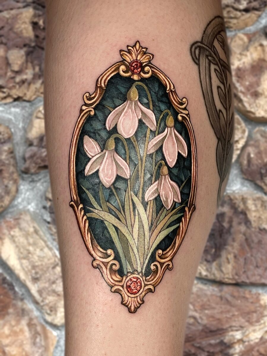 Elegant vintage snowdrop tattoo with intricate detailing Tattoo Design